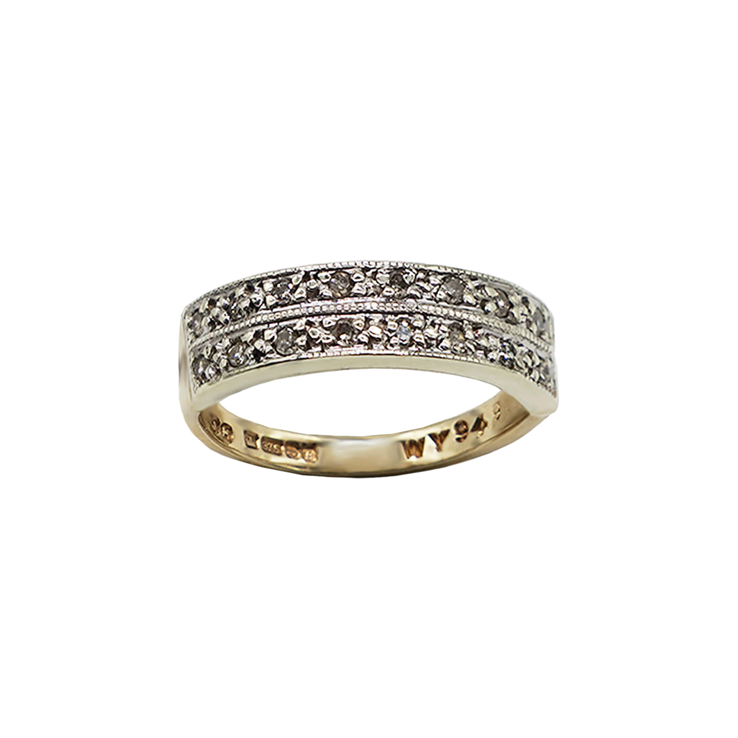 VINTAGE 9K GOLD DIAMOND DOUBLE ROW HALF ETERNITY RING