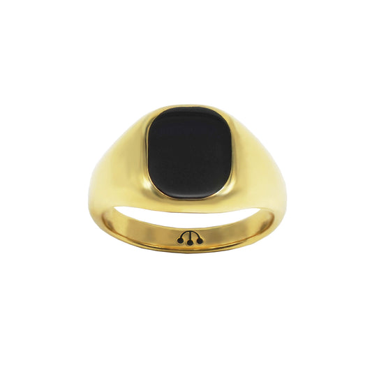 BLACK ONYX CUSHION SIGNET RING ON GOLD, PAWNSHOP LOGO ON INNERBAND.