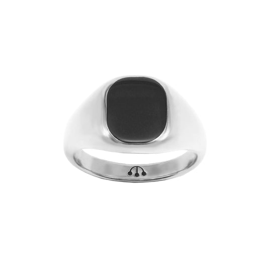 SILVER BLACK ONYX CUSHIION SIGNET RING, THREE BALL LOGO ON INNER BAND. 